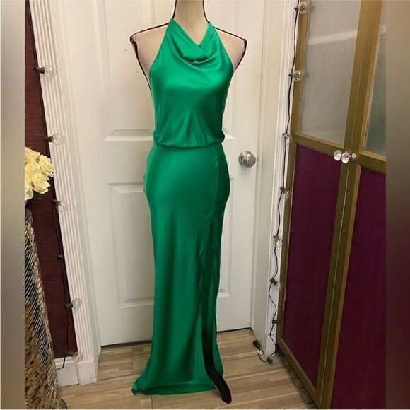 Amanda Uprichard Elegant Green Satin  100% silk Halter Dress, XS - Picture 9 of 16